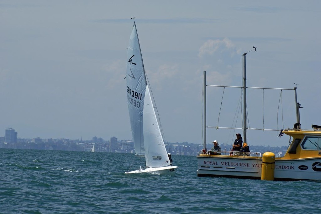 Parkin and Hall (GBR) cross the finish line for sixth place to take the series lead on Day 2, 2009 Audi Flying Fifteen World Championships, Melbourne, Australia © Richard Gladwell www.photosport.co.nz